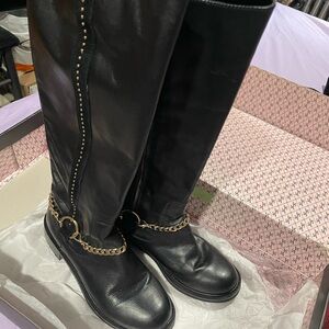 Victoria's Secret Black Over the Knee Boots with Gold Chain